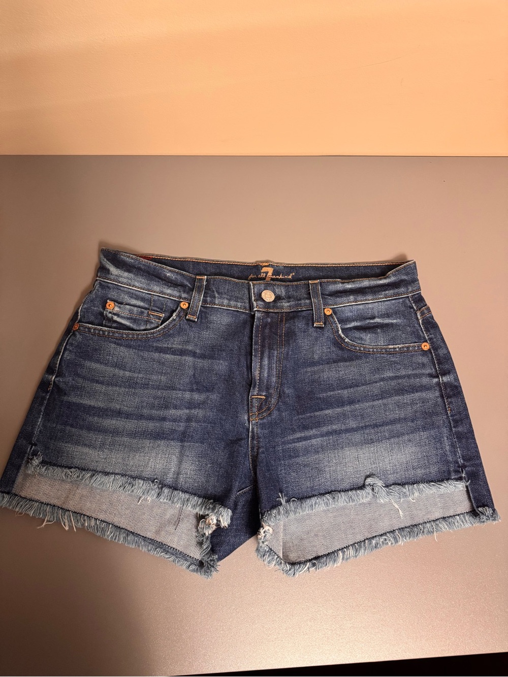 7 For All Mankind Dark Blue Denim Frayed Cuff Shorts